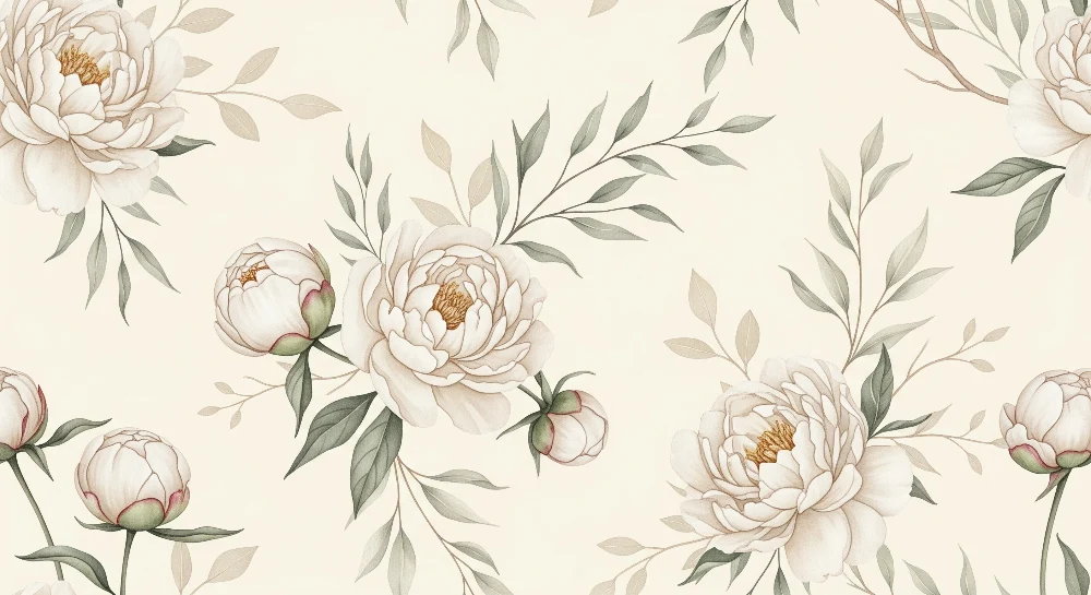 Papel de parede quarto bebê | Elegantes peônias e folhagem delicada