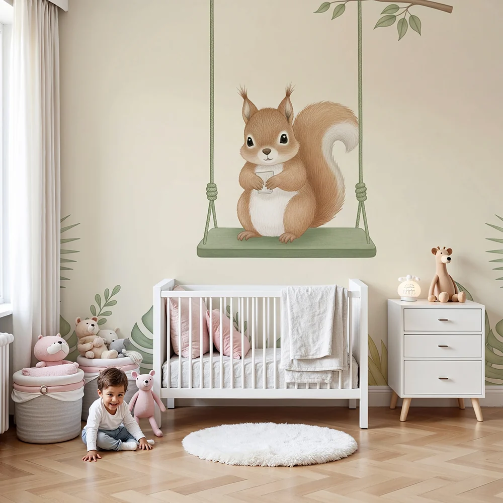 Papel de parede quarto bebê | Encantadora esquilo em um balanço