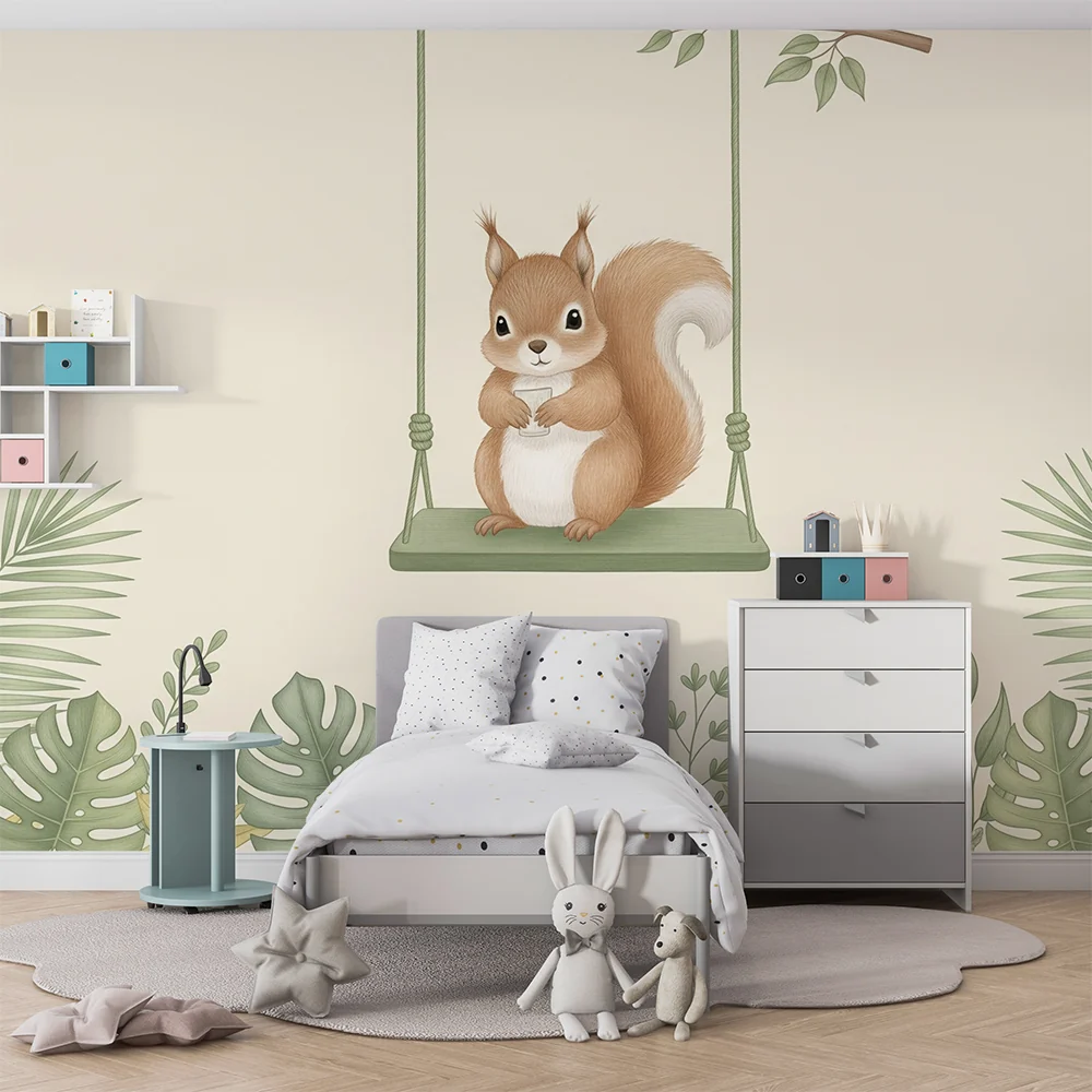 Papel de parede quarto bebê | Encantadora esquilo em um balanço
