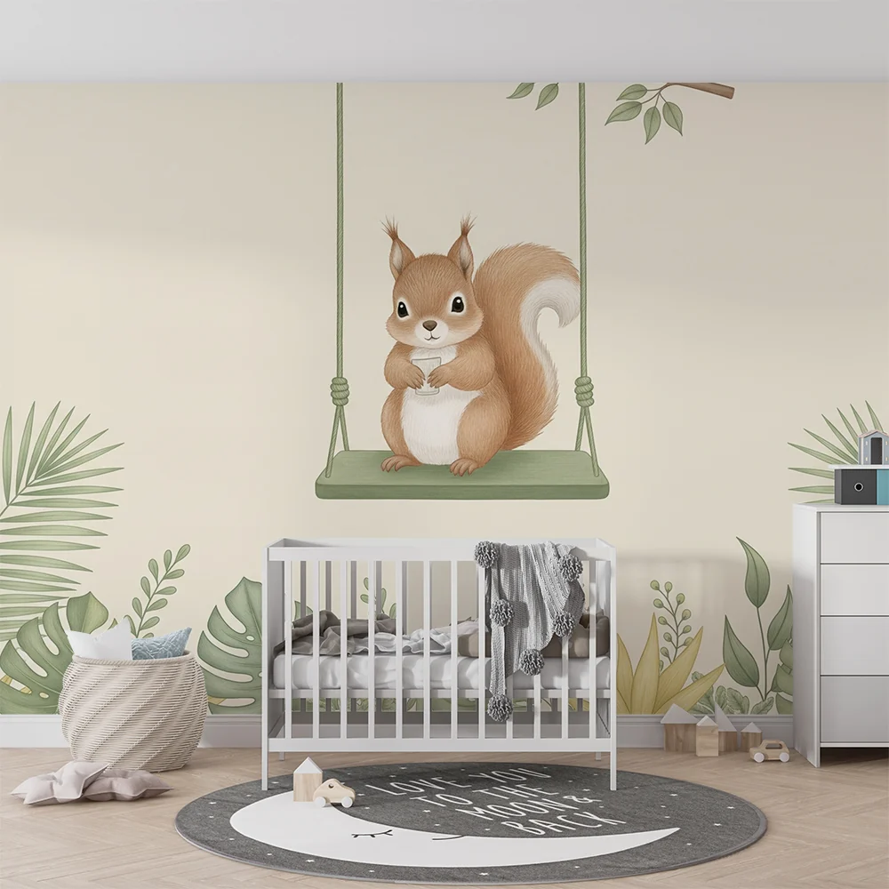 Papel de parede quarto bebê | Encantadora esquilo em um balanço