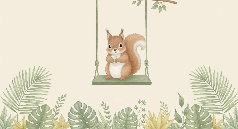 Papel de parede quarto bebê | Encantadora esquilo em um balanço
