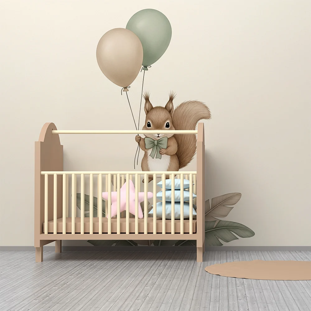 Papel de parede quarto bebê | Esquilo feliz com balões