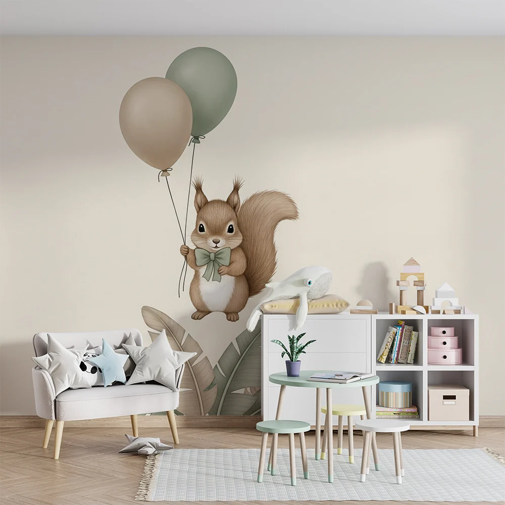 Papel de parede quarto bebê | Esquilo feliz com balões