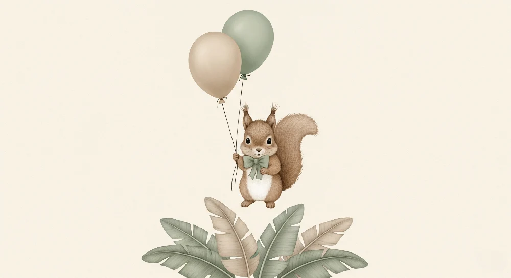 Papel de parede quarto bebê | Esquilo feliz com balões