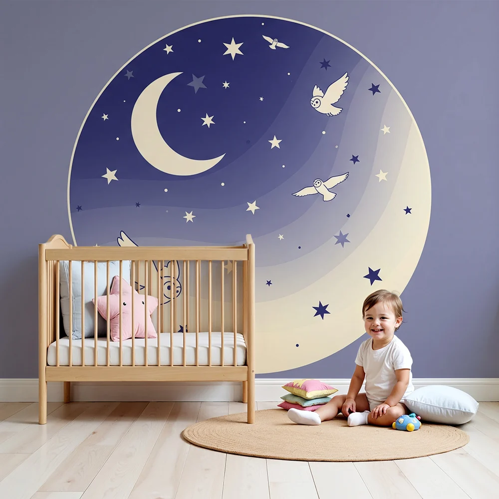 Papel de parede quarto bebê | Estrela da noite com corujas e lua suave
