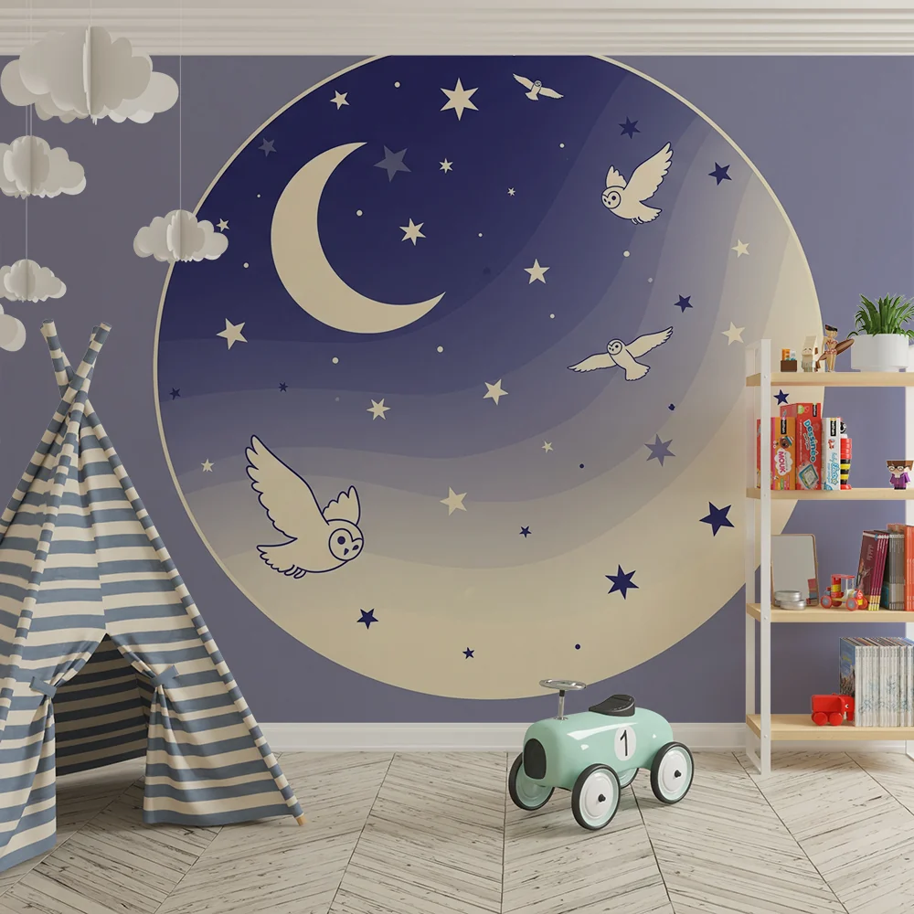 Papel de parede quarto bebê | Estrela da noite com corujas e lua suave