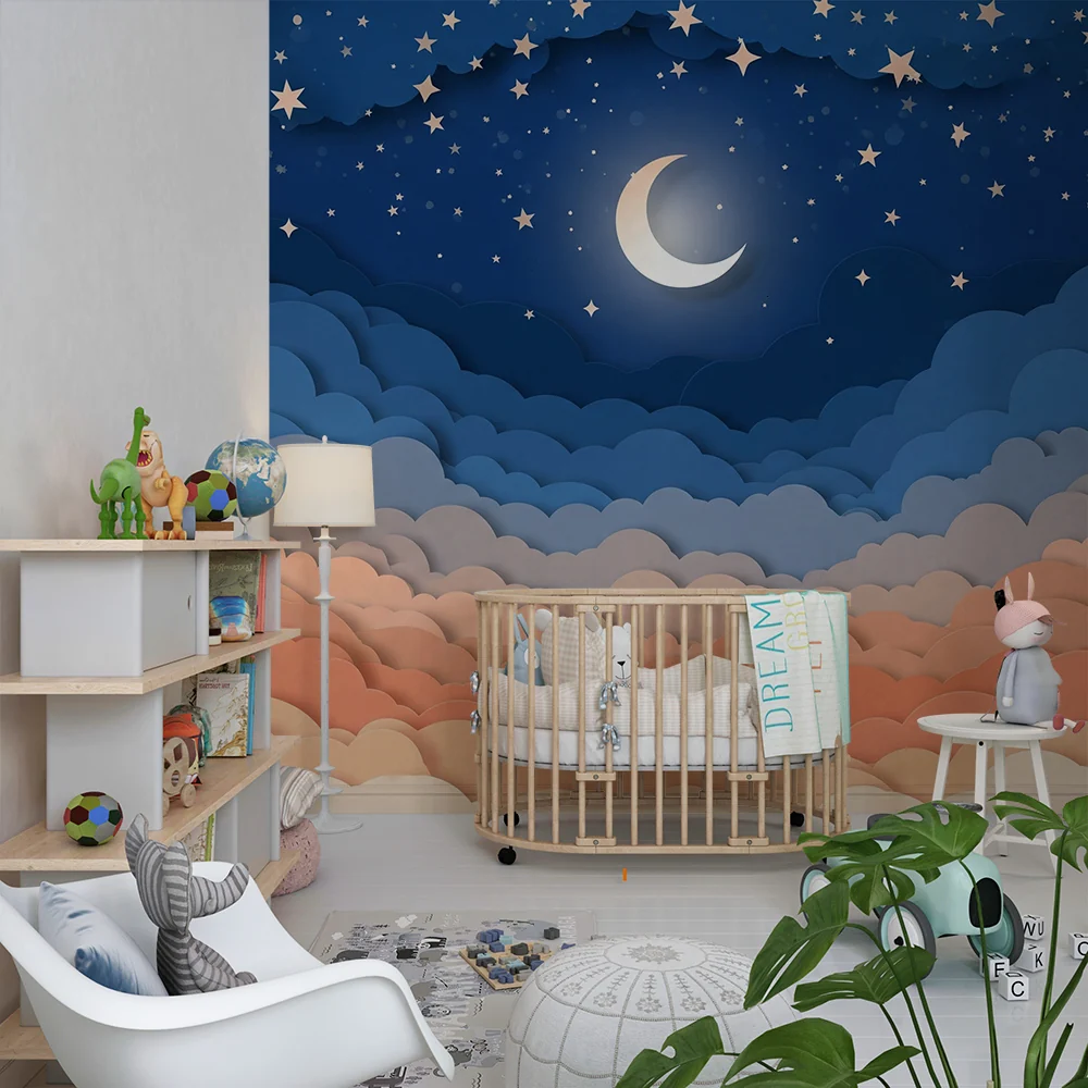 Papel de parede quarto bebê | Estrelado céu com nuvens coloridas e lua
