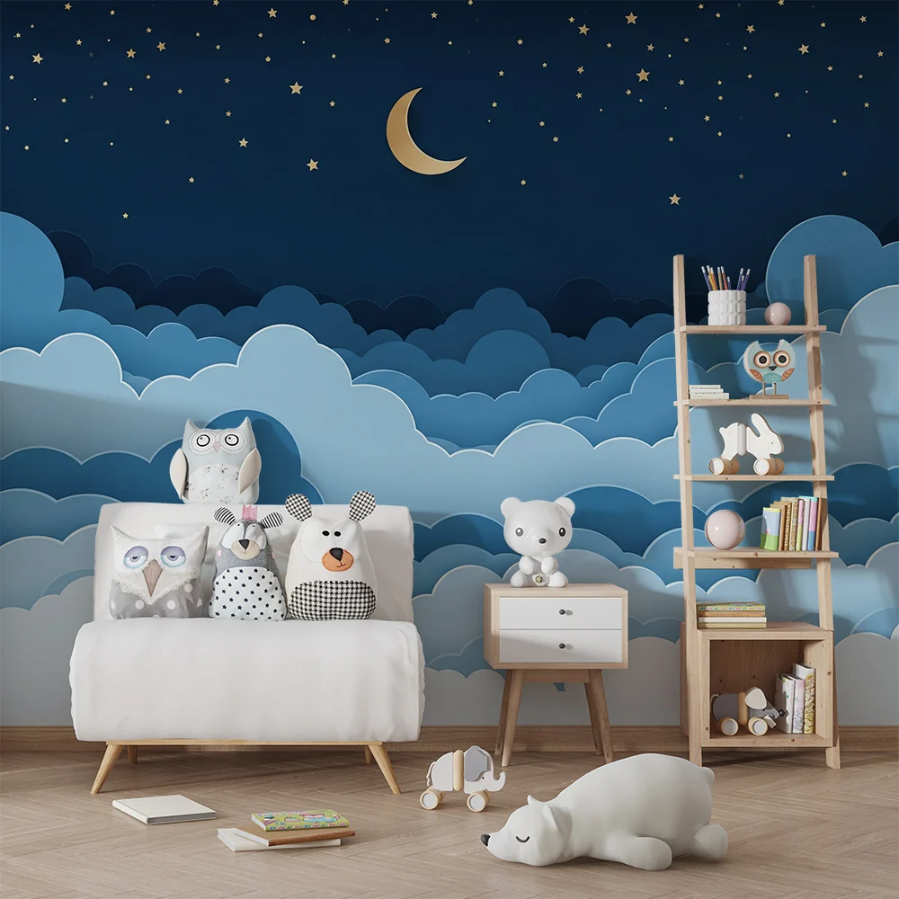 Papel de parede quarto bebê | Estrelado céu com nuvens suaves e lua dourada