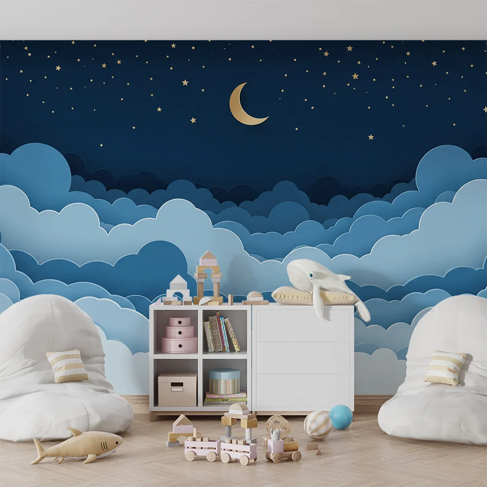 Papel de parede quarto bebê | Estrelado céu com nuvens suaves e lua dourada