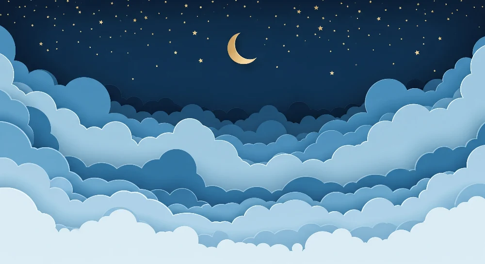 Papel de parede quarto bebê | Estrelado céu com nuvens suaves e lua dourada