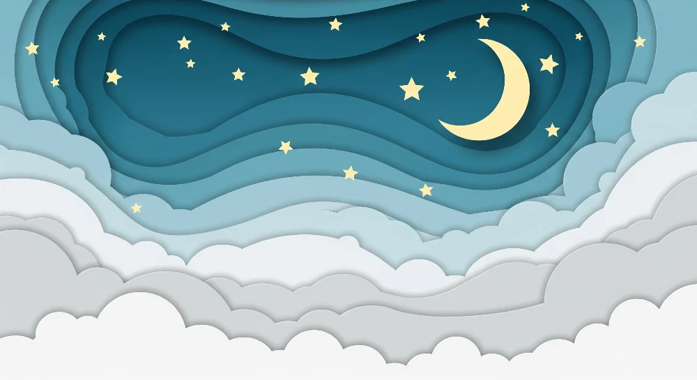 Papel de parede quarto bebê | Estrelado céu com lua e nuvens em papel cortado