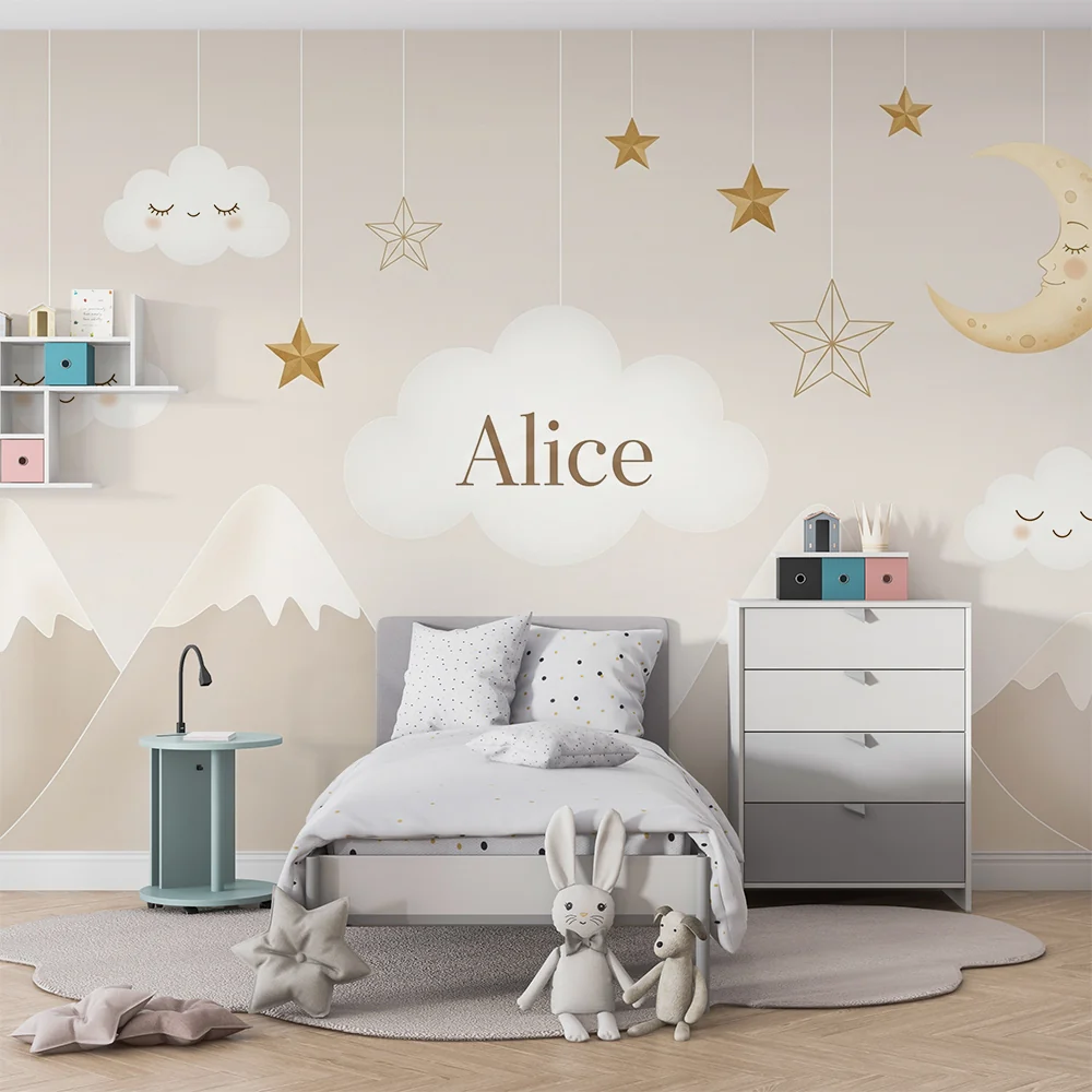 Papel de parede quarto bebê | Estrelado céu com nuvens e montanhas suaves