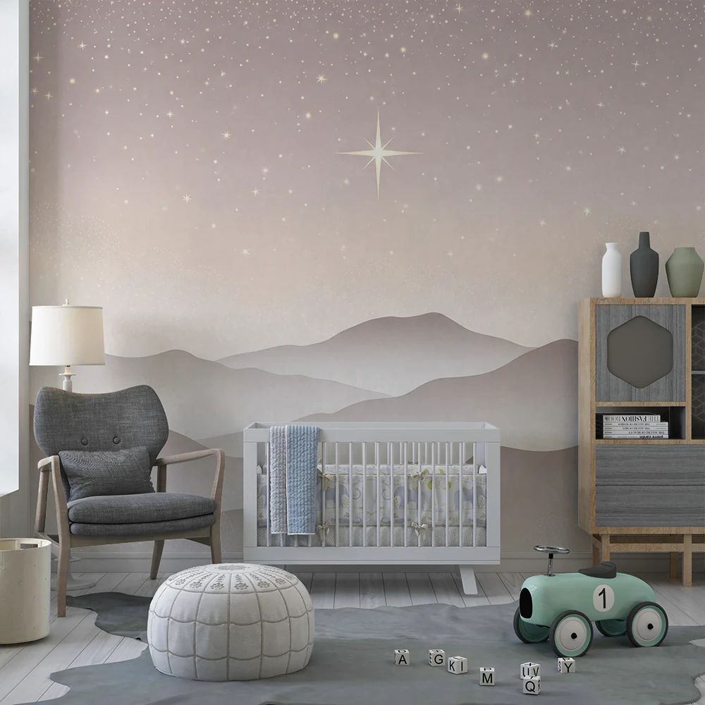 Papel de parede quarto bebê | Estrelado céu e montanhas suaves