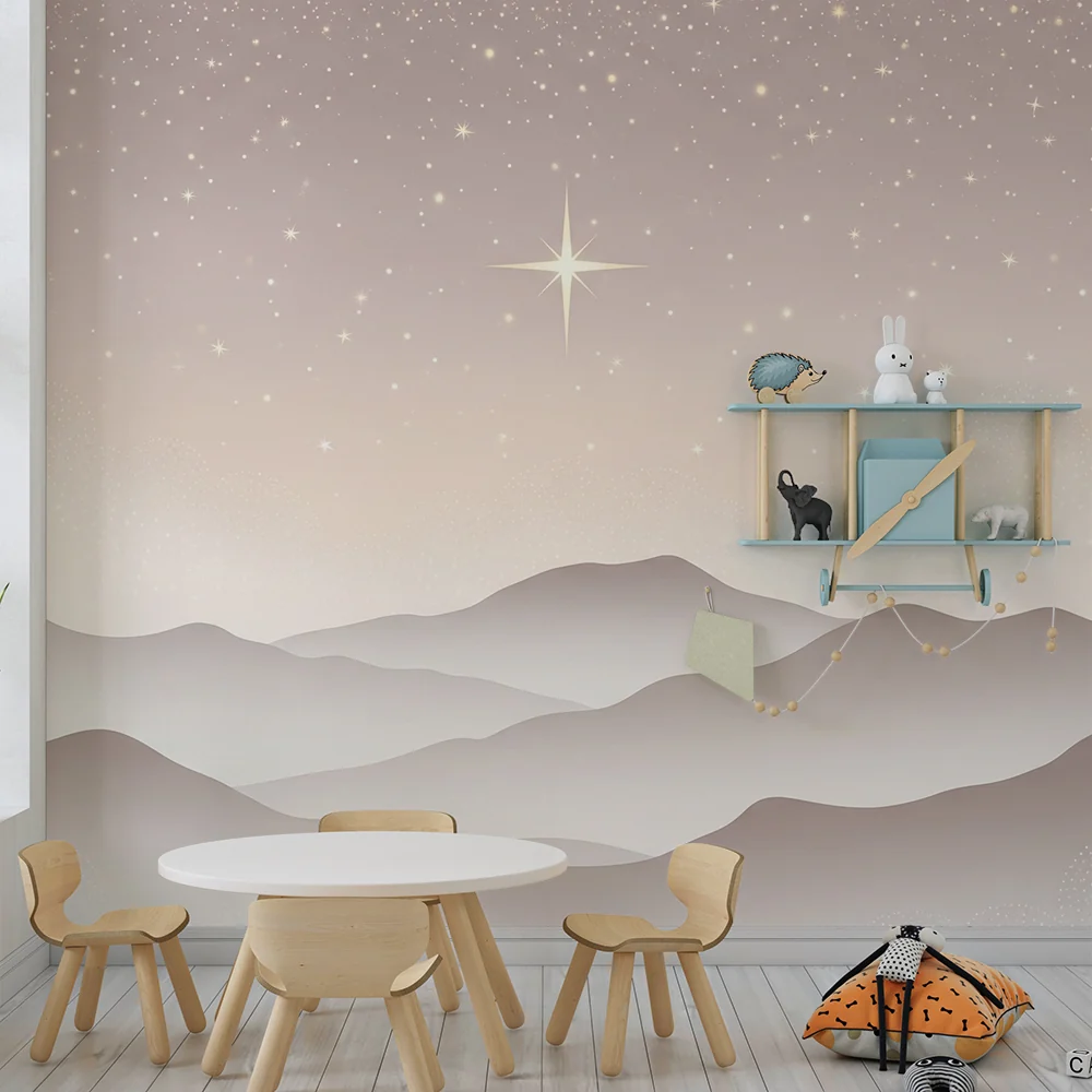 Papel de parede quarto bebê | Estrelado céu e montanhas suaves