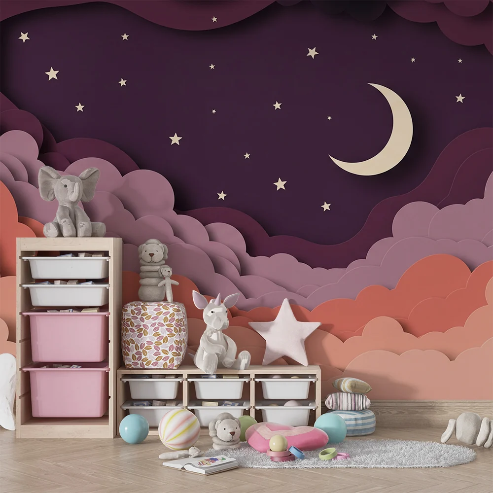 Papel de parede quarto bebê | Estrelado céu e nuvens suaves em tons pastel