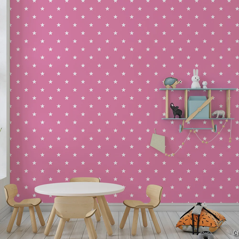 Papel de parede quarto bebê | Estrelas brancas em fundo rosa brilhante