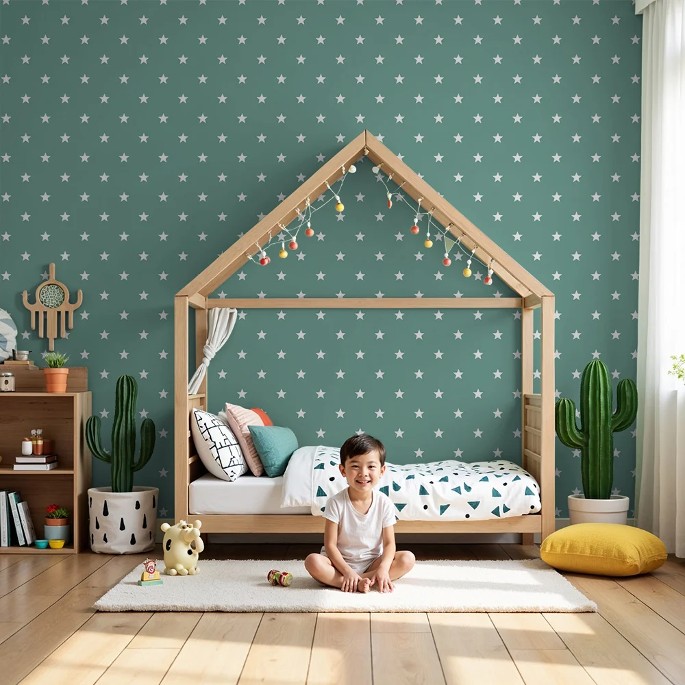 Papel de parede quarto bebê | Estrelas brancas em fundo verde azulado