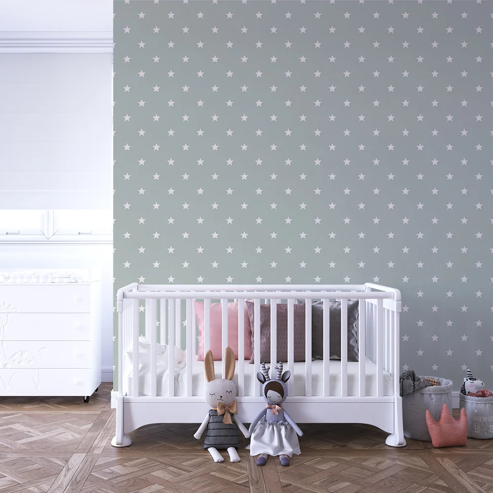 Papel de parede quarto bebê | Estrelas brancas em fundo verde suave