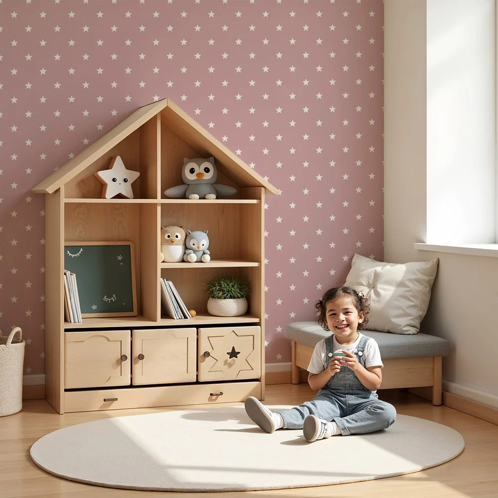 Papel de parede quarto bebê | Estrelas brancas em fundo rosa escuro