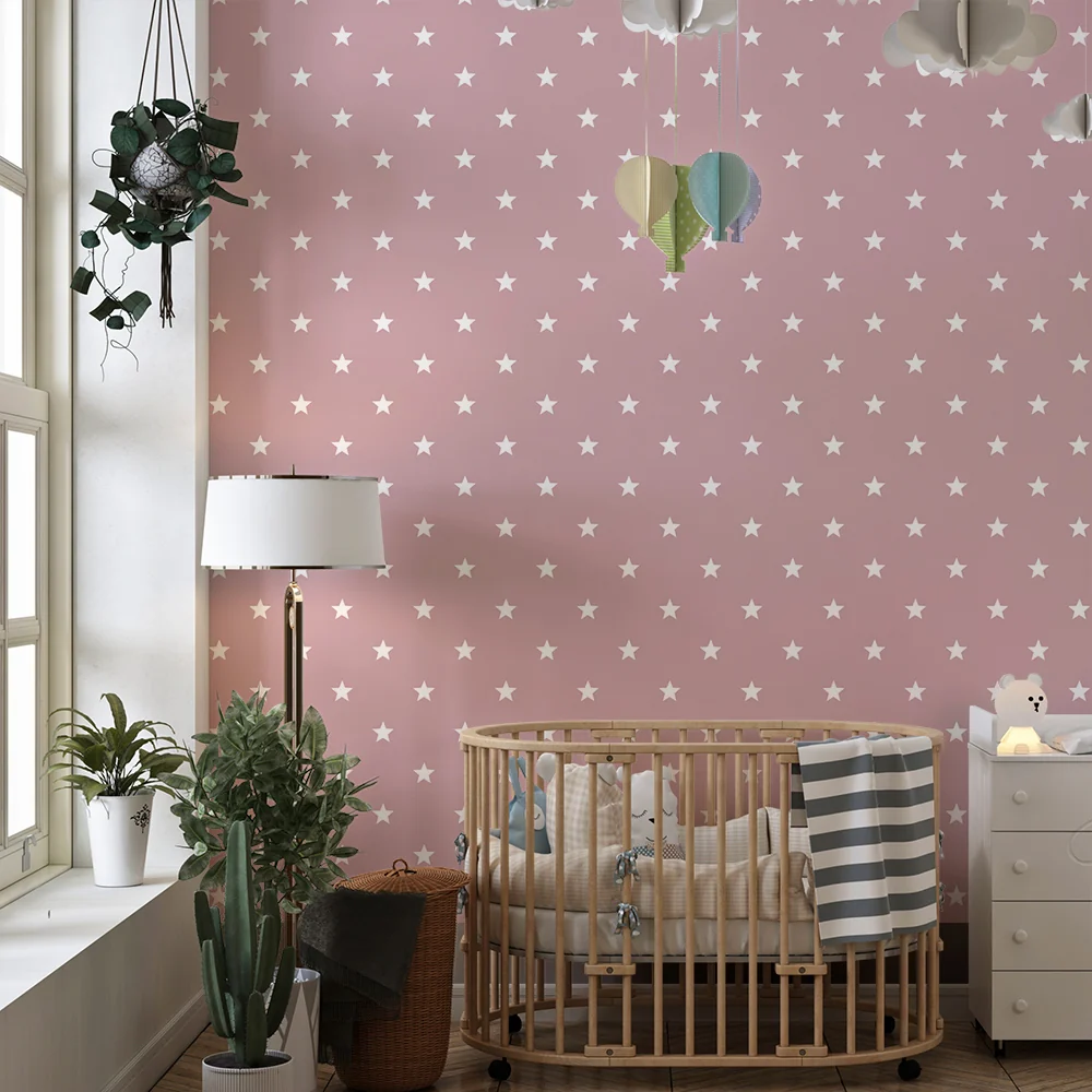 Papel de parede quarto bebê | Estrelas brancas em fundo rosa escuro