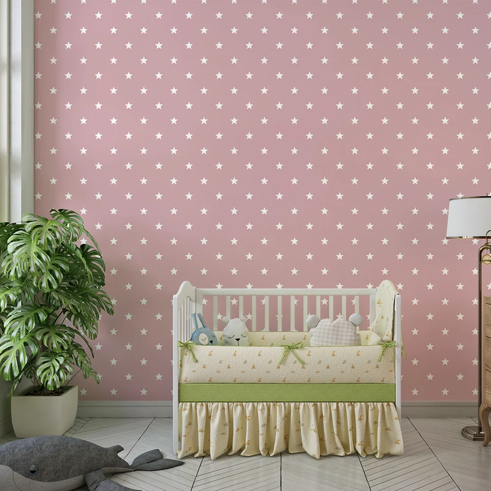Papel de parede quarto bebê | Estrelas brancas em fundo rosa escuro