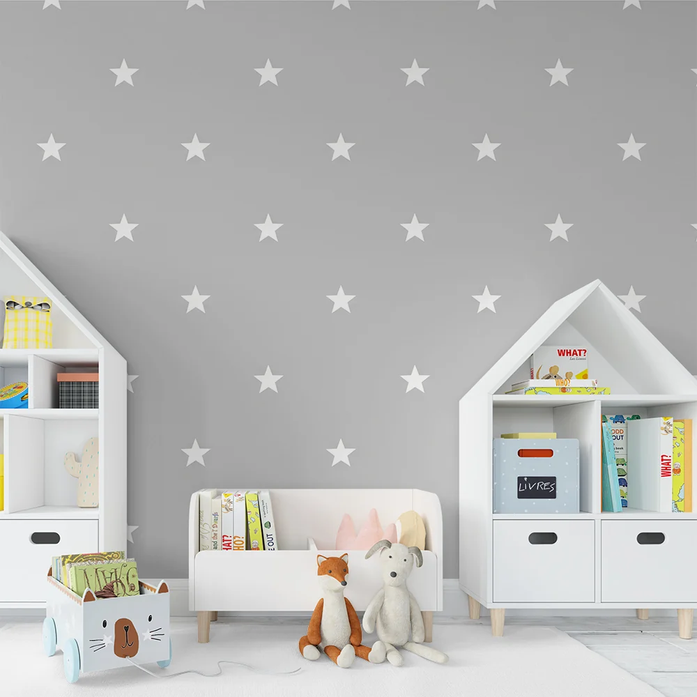 Papel de parede quarto bebê | Estrelas brancas em fundo cinza calmante