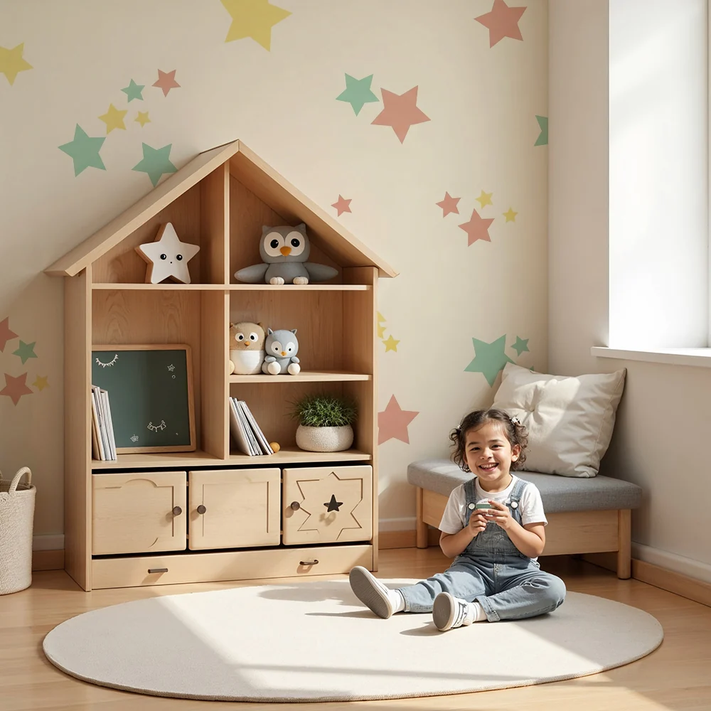Papel de parede quarto bebê | Estrelas coloridas em fundo bege