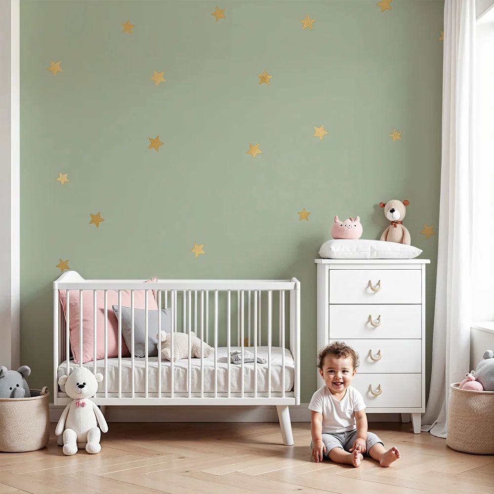 Papel de parede quarto bebê | Estrelas douradas em fundo verde suave