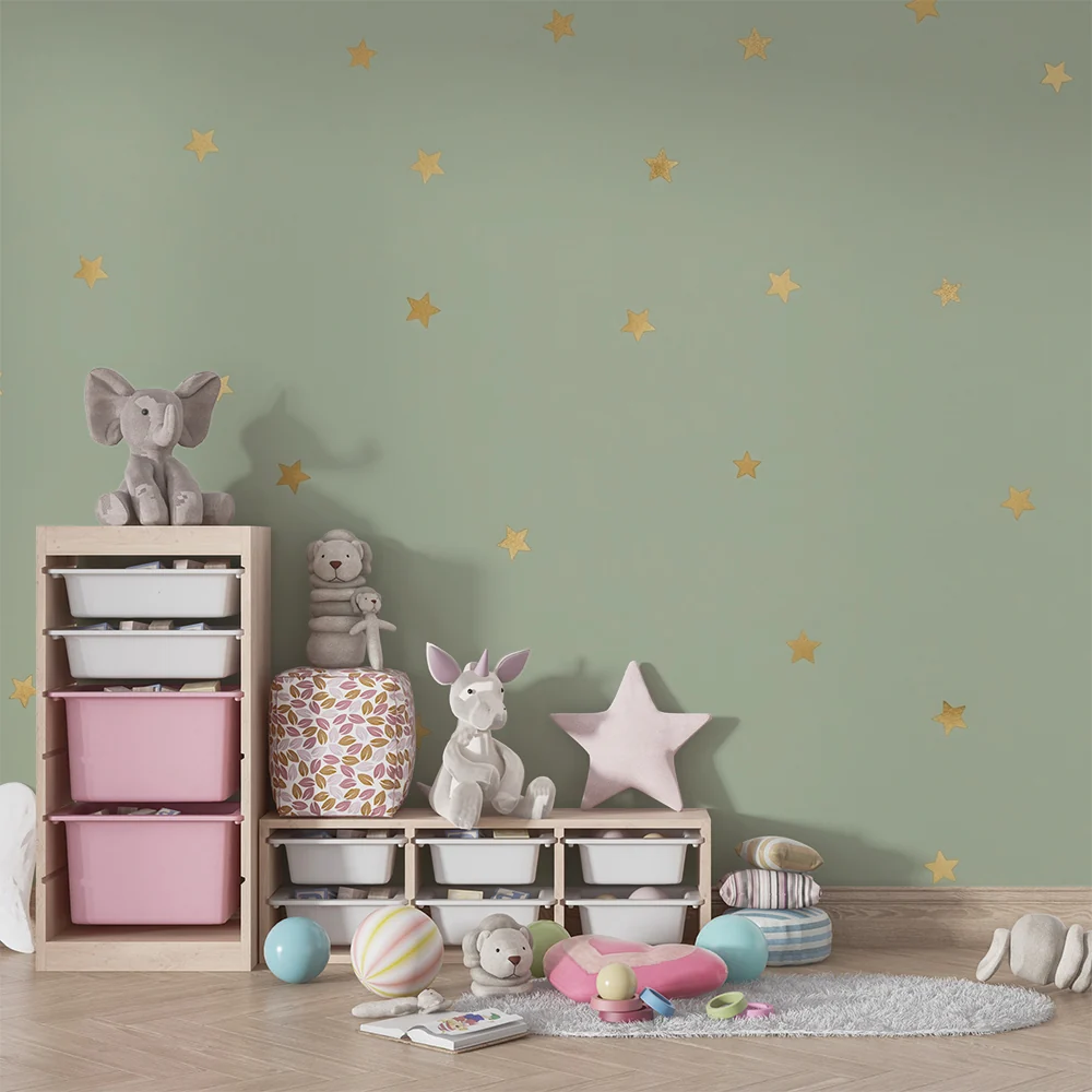 Papel de parede quarto bebê | Estrelas douradas em fundo verde suave