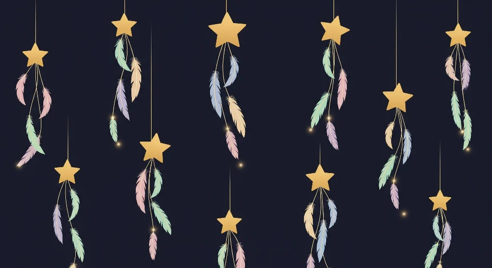 Papel de parede quarto bebê | Estrelas douradas e penas pastel em fundo noturno