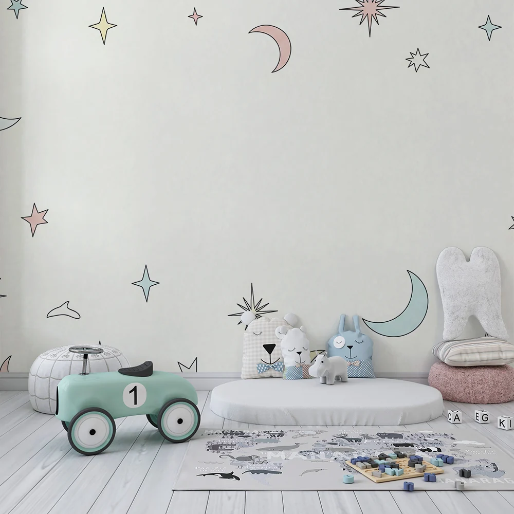 Papel de parede quarto bebê | Estrelas e luas pastel em fundo suave