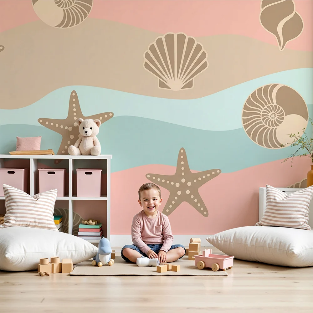 Papel de parede quarto bebê | Estrelas do mar e conchas em fundo pastel