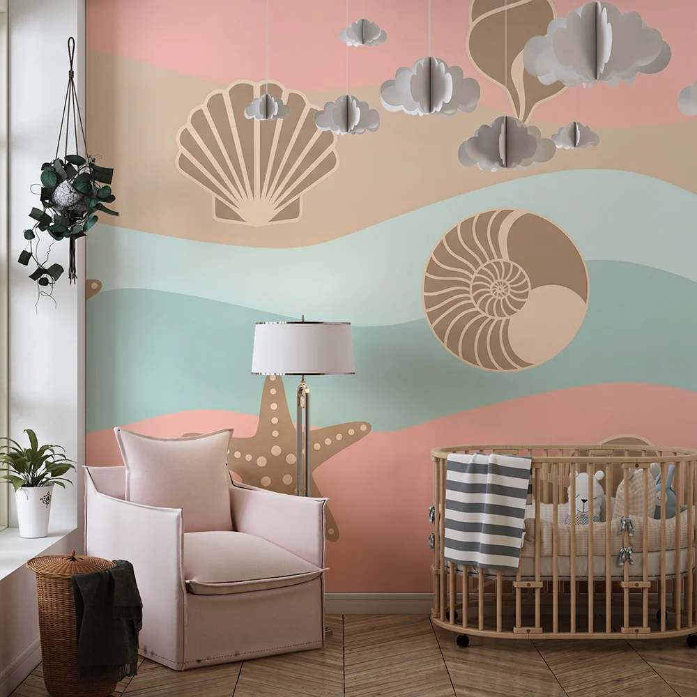 Papel de parede quarto bebê | Estrelas do mar e conchas em fundo pastel