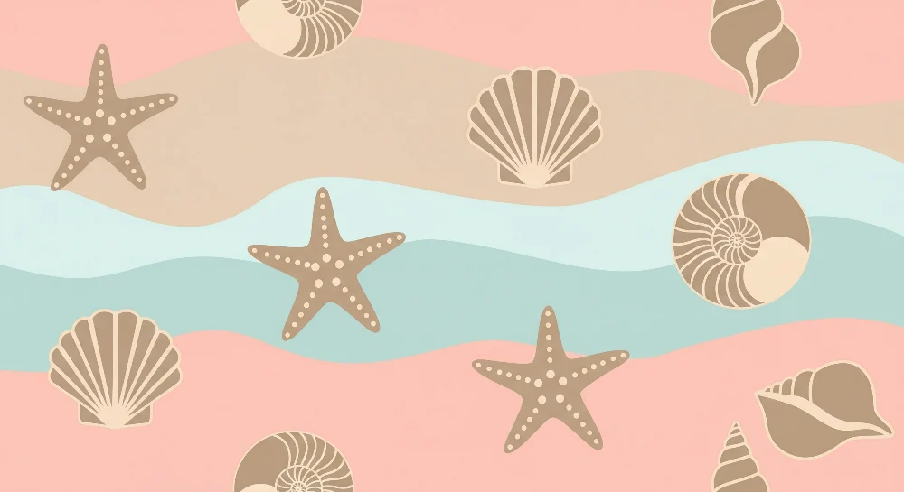 Papel de parede quarto bebê | Estrelas do mar e conchas em fundo pastel