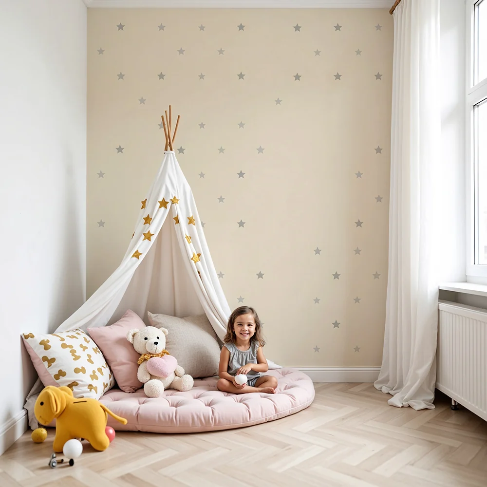 Papel de parede quarto bebê | Estrelas prateadas em fundo creme
