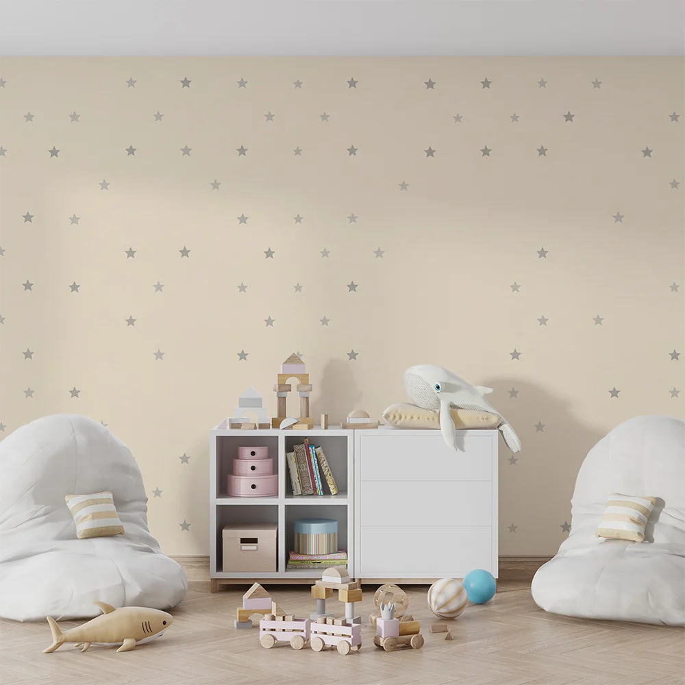 Papel de parede quarto bebê | Estrelas prateadas em fundo creme