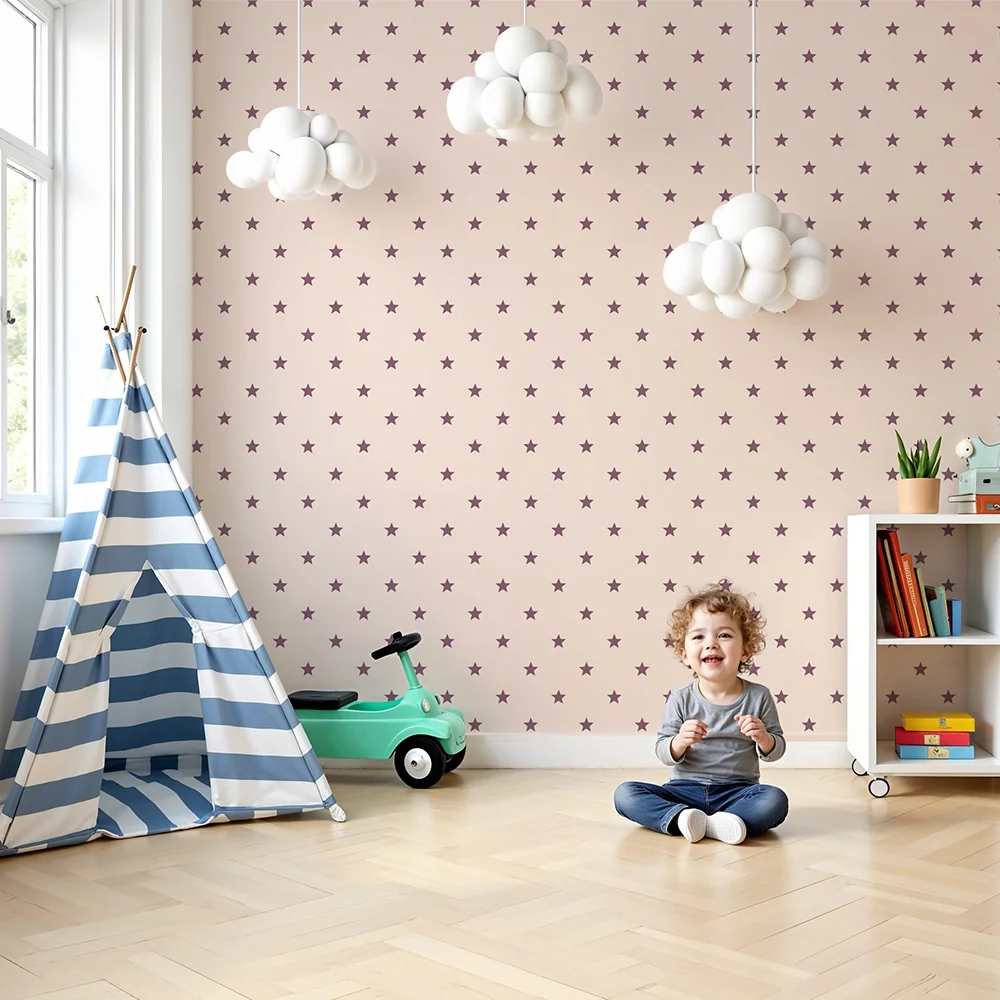 Papel de parede quarto bebê | Estrelas roxas em fundo rosa em pó