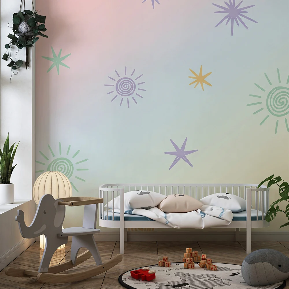 Papel de parede quarto bebê | Estrelas e sóis pastel em fundo suave