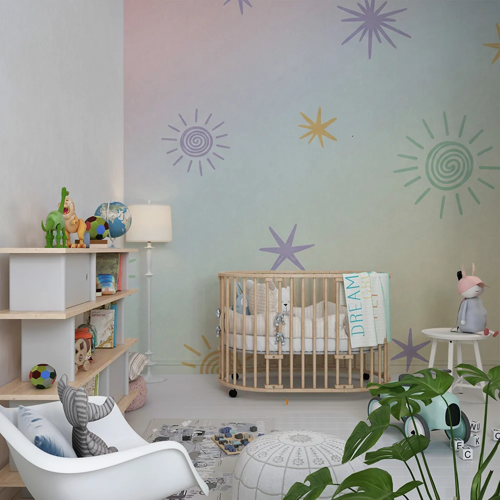 Papel de parede quarto bebê | Estrelas e sóis pastel em fundo suave