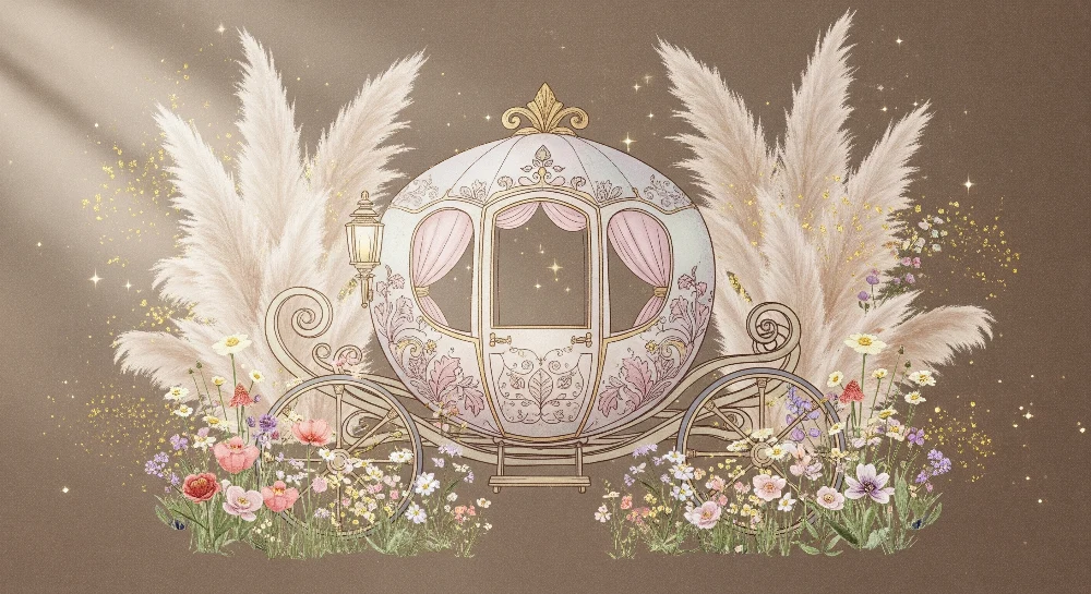 Papel de parede quarto bebê | Fada carruagem com flores e pampas