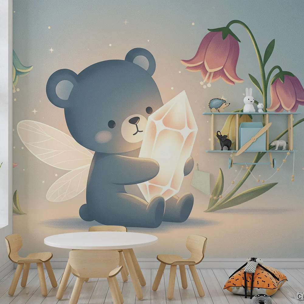 Papel de parede quarto bebê | Fada ursinho com cristal e flores coloridas