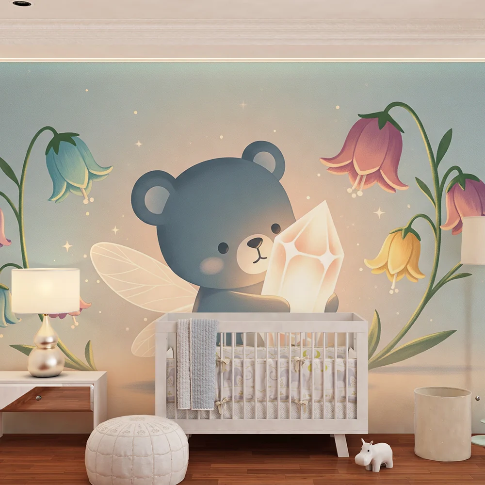 Papel de parede quarto bebê | Fada ursinho com cristal e flores coloridas