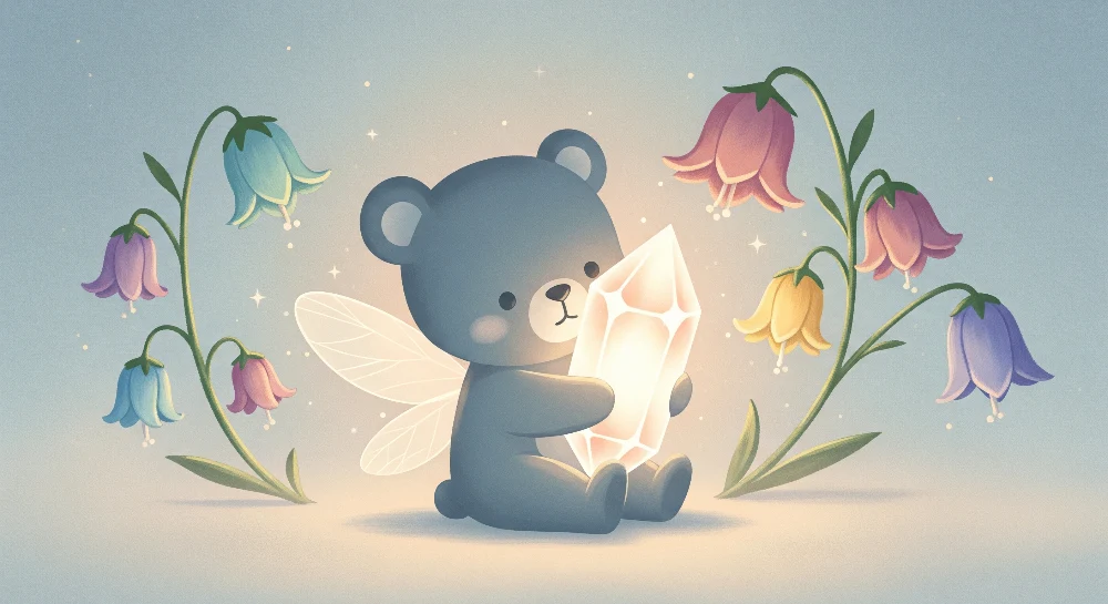 Papel de parede quarto bebê | Fada ursinho com cristal e flores coloridas