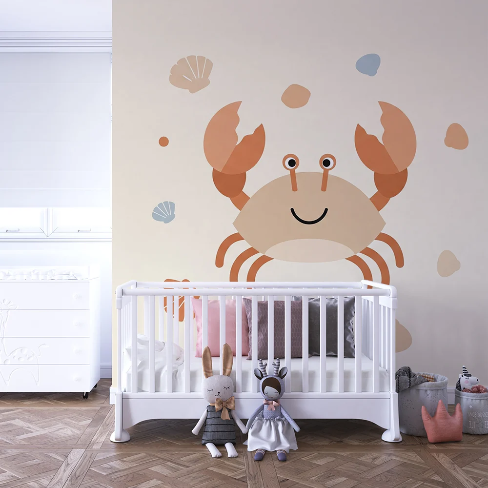 Papel de parede quarto bebê | Feliz caranguejo e conchas em fundo suave