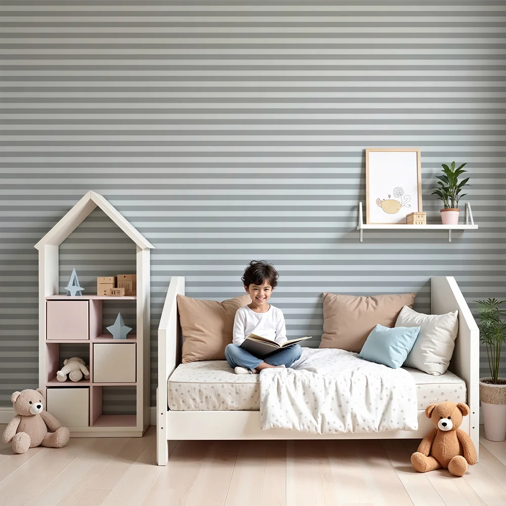 Papel de parede quarto bebê | Finas listras horizontais cinza