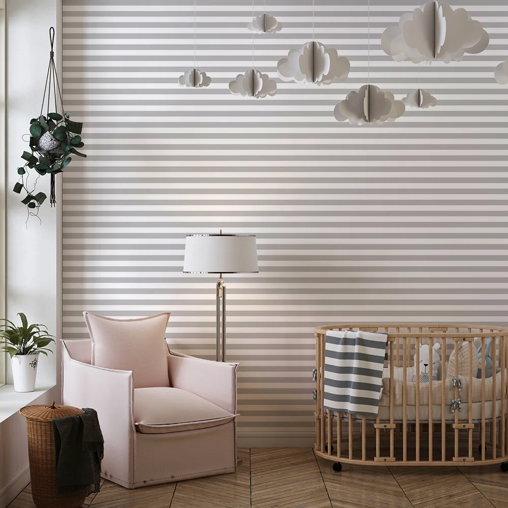 Papel de parede quarto bebê | Finas listras horizontais cinza