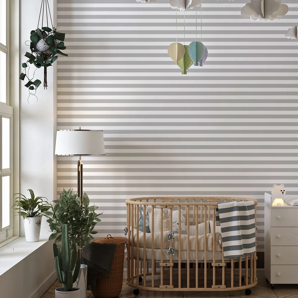 Papel de parede quarto bebê | Finas listras horizontais cinza
