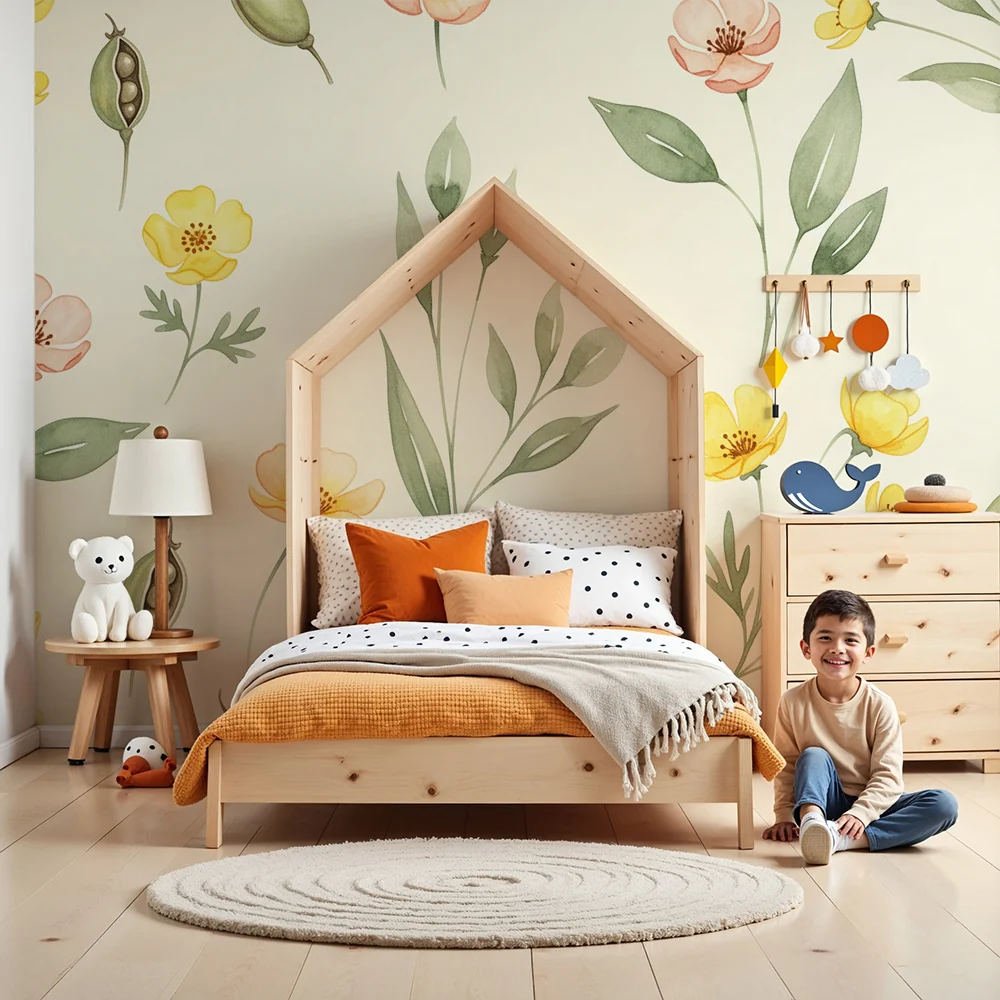 Papel de parede quarto bebê | Flor e folhagem em fundo creme