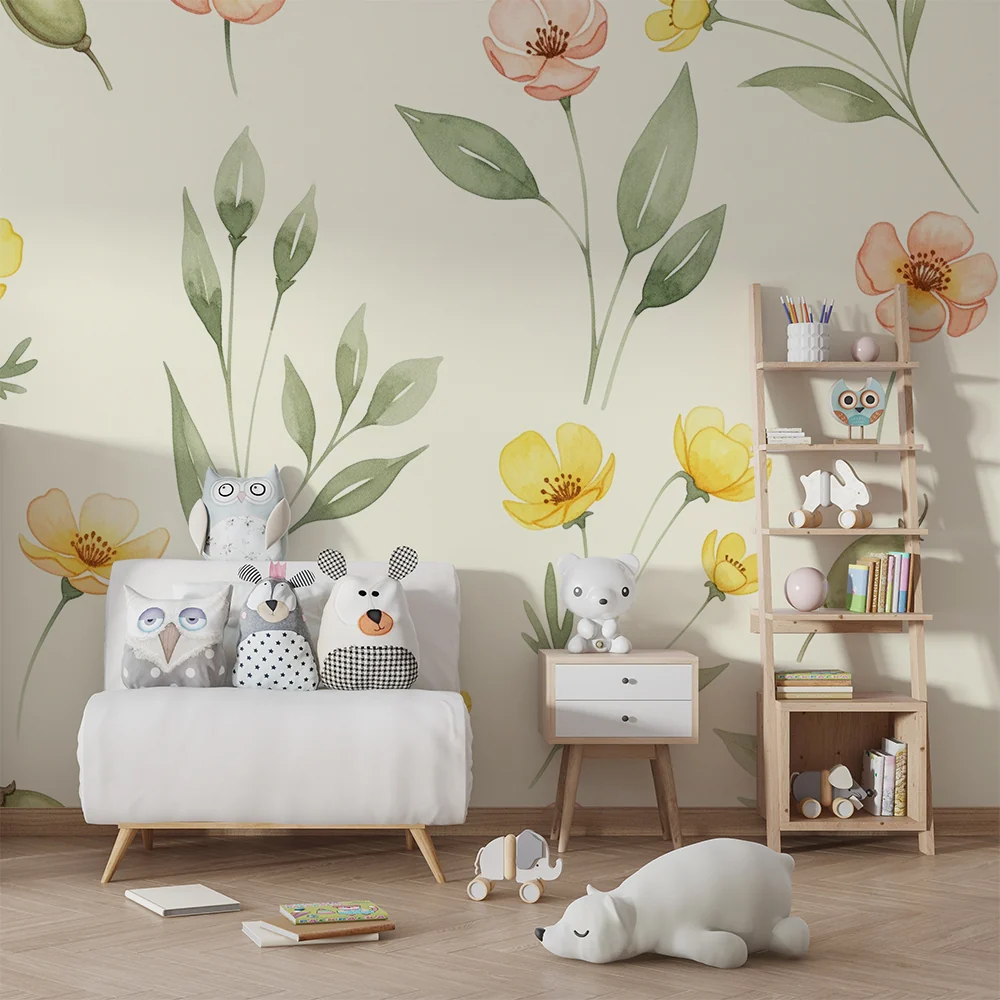Papel de parede quarto bebê | Flor e folhagem em fundo creme