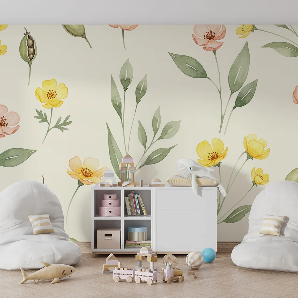 Papel de parede quarto bebê | Flor e folhagem em fundo creme